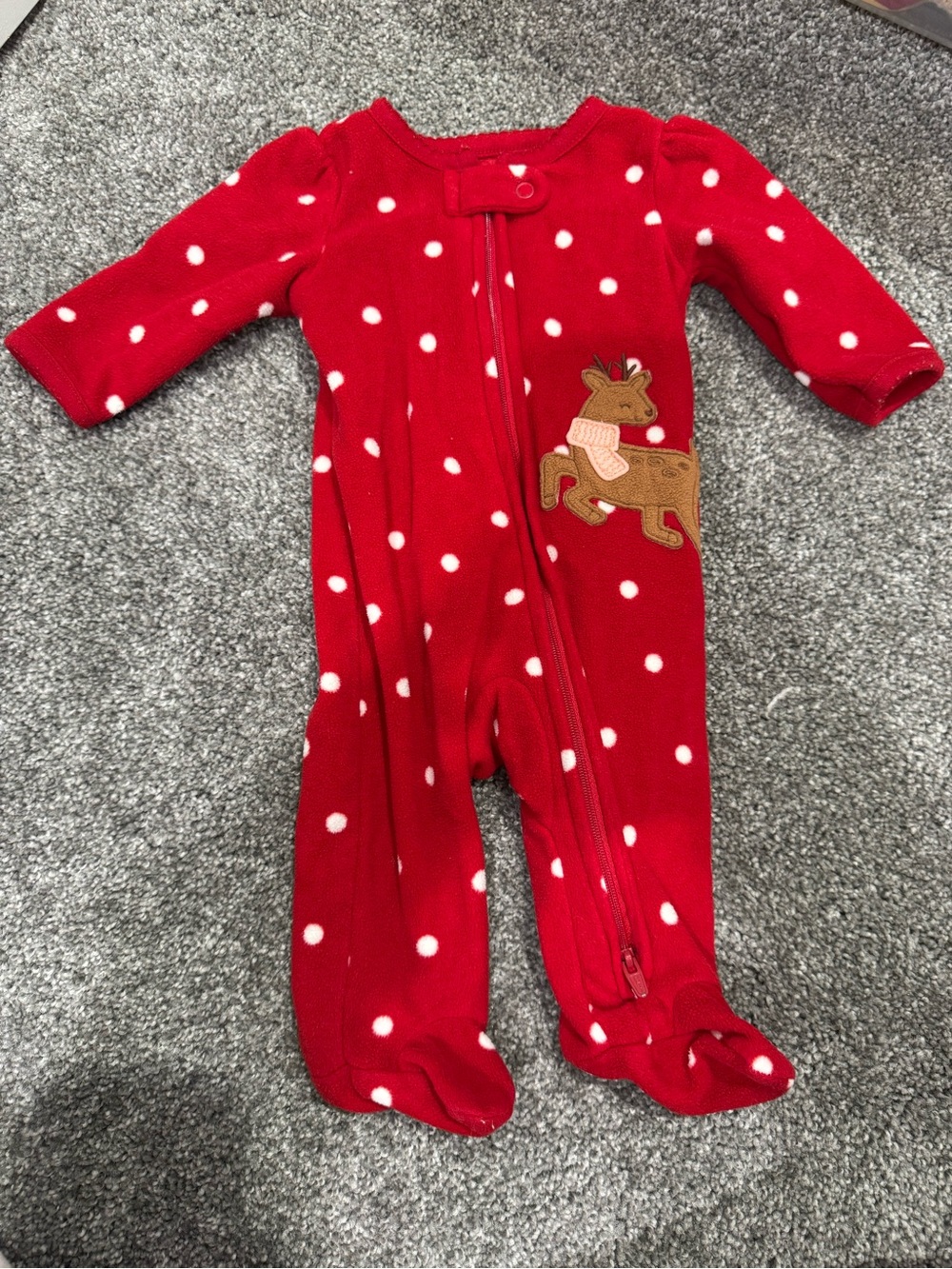 Carters fleece Red Polka Dot Holiday One-Piece with Reindeer Applique